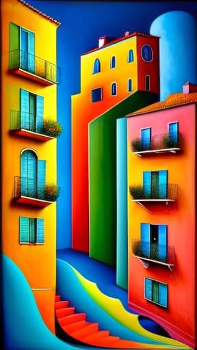  (colorfulsurrealismai)++, city building terraces, multi colored, people singing on balconies, pop art, modern art, skid row, urban jungle,