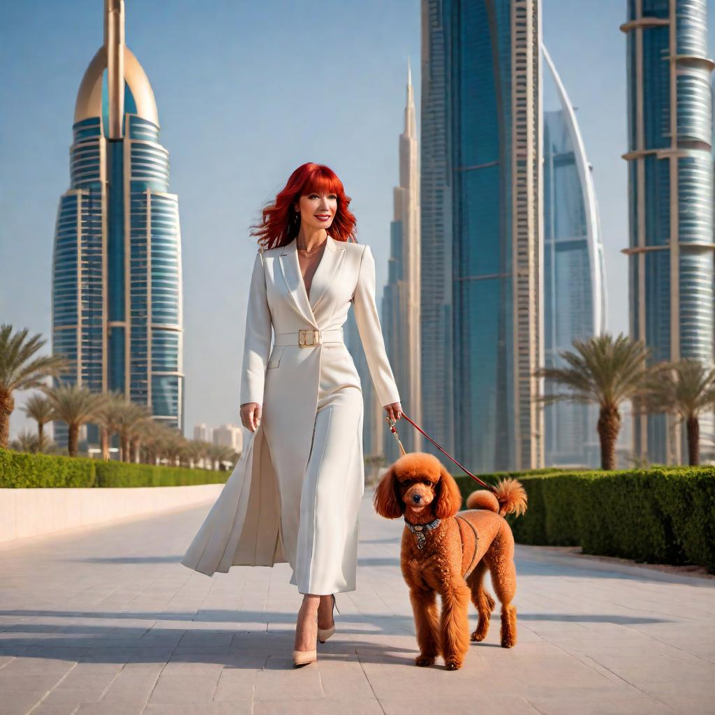  A female with red hair and bangs walking in Dubai with her rich husband. They are walking their toy poodle through the streets of Dubai, with the city's modern architecture in the background. hyperrealistic, full body, detailed clothing, highly detailed, cinematic lighting, stunningly beautiful, intricate, sharp focus, f/1. 8, 85mm, (centered image composition), (professionally color graded), ((bright soft diffused light)), volumetric fog, trending on instagram, trending on tumblr, HDR 4K, 8K