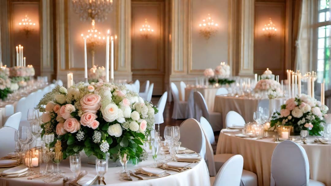  Create an image of an elegant wedding table centerpiece featuring a lavish arrangement of fresh flowers in soft pastel hues like blush pink roses, ivory peonies, and delicate baby's breath. The centerpiece should be in a crystal vase with cascading greenery, surrounded by shimmering golden candle holders on the table. The setting should evoke a romantic and sophisticated atmosphere suitable for a formal wedding event. hyperrealistic, full body, detailed clothing, highly detailed, cinematic lighting, stunningly beautiful, intricate, sharp focus, f/1. 8, 85mm, (centered image composition), (professionally color graded), ((bright soft diffused light)), volumetric fog, trending on instagram, trending on tumblr, HDR 4K, 8K