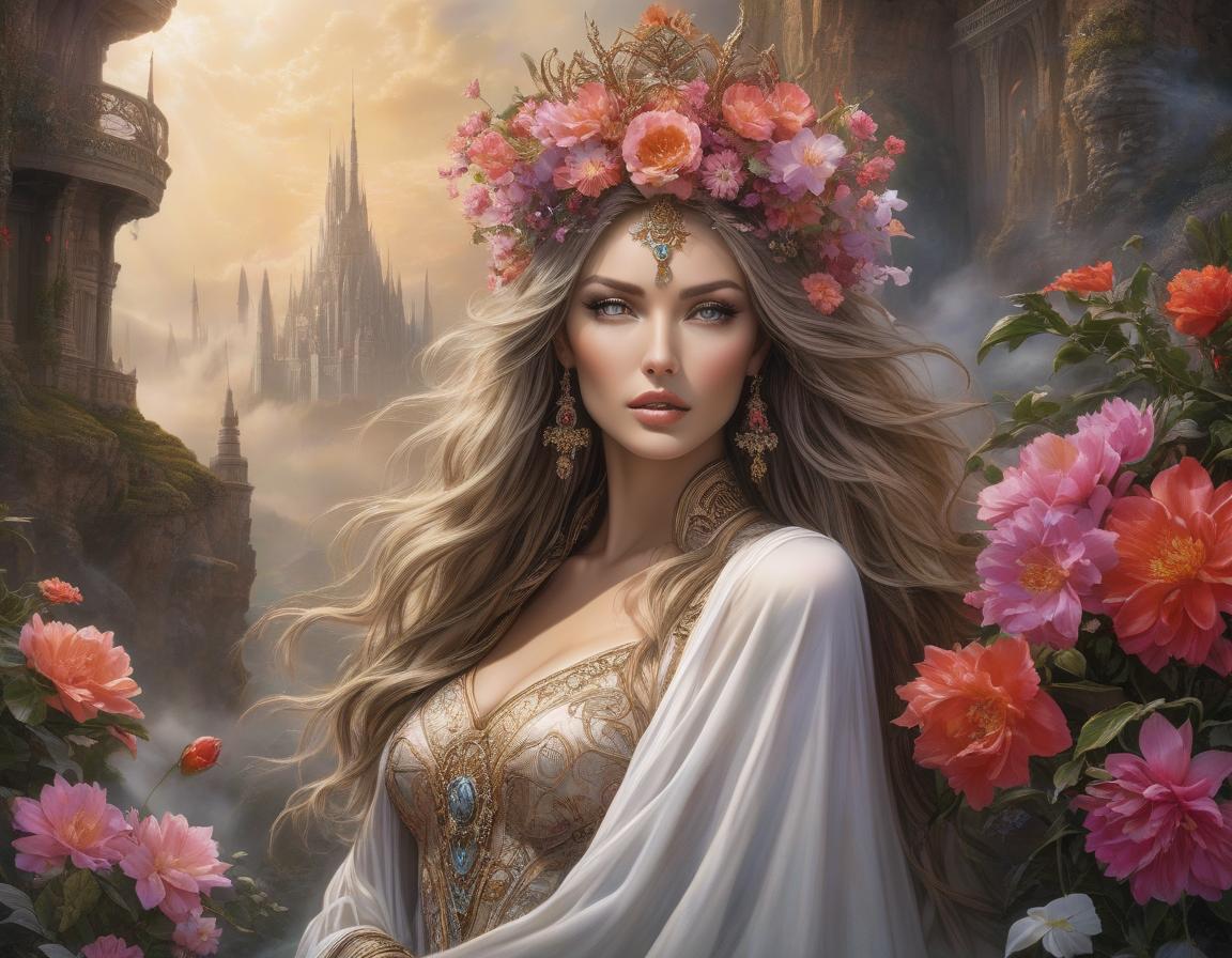  hyperrealistic art A woman with a floral crown and long wavy hair gazes away, set against a fantastic al castle and lush, blooming flowers. Envision a work of art where fantasy and reality blur—a woman stands enshrouded in a tapestry of vivid blossoms, her hair a cascade of elaborate floral designs. She dons a dress of futuristic elegance against a backdrop that whispers of the surreal, all captured in the distinctive style of Luis Royo. This digital masterpiece comes alive with brilliant hues and otherworldly illumination, creating a dreamy realm where every ornate detail contributes to an imaginative tableau . extremely high resolution details, photographic, realism pushed to extreme, fine texture, incredibly lifelike hyperrealistic, full body, detailed clothing, highly detailed, cinematic lighting, stunningly beautiful, intricate, sharp focus, f/1. 8, 85mm, (centered image composition), (professionally color graded), ((bright soft diffused light)), volumetric fog, trending on instagram, trending on tumblr, HDR 4K, 8K