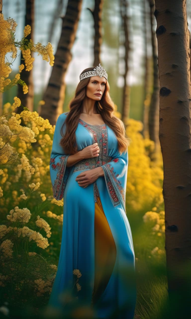  cinematic photo A young, beautiful, blooming Old Slavic woman with long brown hair and blue eyes, who has a headband decorated with pearls and precious stones on her head, like a crown. Depicted from head to toe. Against the background of a birch grove. Looks directly from the image. Her right hand is clenched into a fist and raised at shoulder level. The left arm is raised at shoulder level and the palm is turned straight. Flowers are blooming at her feet and fruits are lying and newborn lambs are running and newborn calves are running and newborn piglets are running . 35mm photograph, film, bokeh, professional, 4k, highly detailed, hkmagic hyperrealistic, full body, detailed clothing, highly detailed, cinematic lighting, stunningly beautiful, intricate, sharp focus, f/1. 8, 85mm, (centered image composition), (professionally color graded), ((bright soft diffused light)), volumetric fog, trending on instagram, trending on tumblr, HDR 4K, 8K