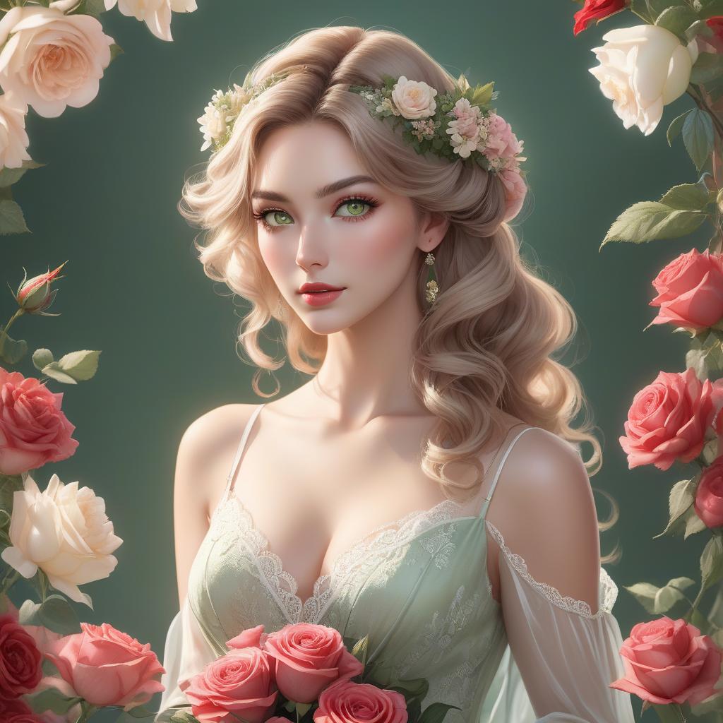  A digital portrait of a woman with green eyes, wavy hair, and flowers adorning her hair and holding a bouquet of roses. Full body portrait of a young woman with a serene and gentle expression. She has soft facial features, large, almond shaped green eyes with dark lashes, and full, natural red lips. Her skin is fair with a warm undertone, and her face is framed by voluminous, wavy, ash blonde hair with lighter highlights, loosely styled, with a few delicate flowers on the right side above her ear. The subject is wearing a light, earth toned summer dress with delicate straps and a plunging neckline. The dress appears to be made of a flowing, sheer material with a subtle floral pattern, and features delicate lace detailing around the edges. H hyperrealistic, full body, detailed clothing, highly detailed, cinematic lighting, stunningly beautiful, intricate, sharp focus, f/1. 8, 85mm, (centered image composition), (professionally color graded), ((bright soft diffused light)), volumetric fog, trending on instagram, trending on tumblr, HDR 4K, 8K