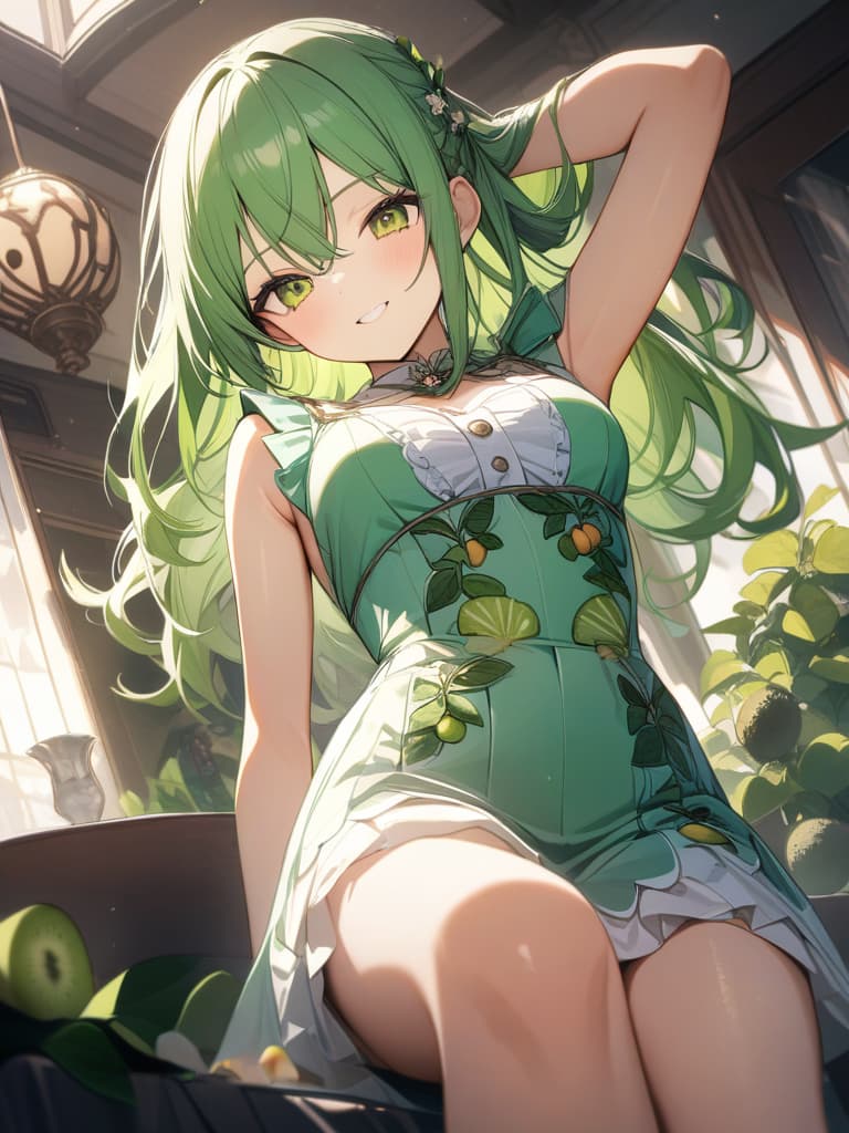  Cute, girl, yellow green eyes, yellow green hair color, kiwi decoration, kiwi fruits, vine eyes, green frill dress, half twin, smiles, armpits, masterpiece, best quality,8k,ultra detailed,high resolution,an extremely delicate and beautiful,hyper detail