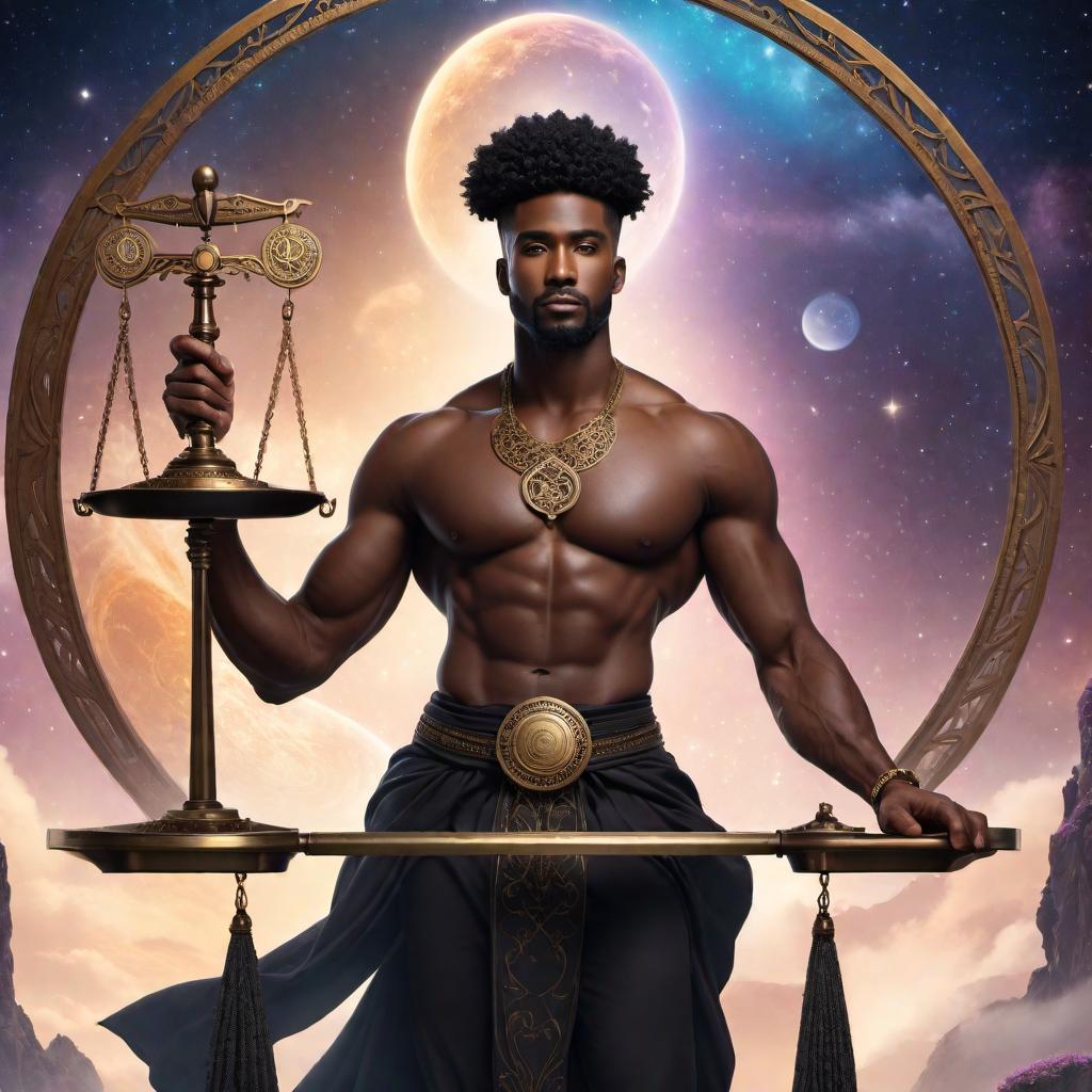  Enchanting black male holding a scale as a symbol of balance in the sign of Libra zodiac, lofi fantasy style. The character should have a harmonious and balanced appearance, with soft, dreamy, and relaxed lofi elements. Include celestial or cosmic background details to create an enchanting atmosphere. hyperrealistic, full body, detailed clothing, highly detailed, cinematic lighting, stunningly beautiful, intricate, sharp focus, f/1. 8, 85mm, (centered image composition), (professionally color graded), ((bright soft diffused light)), volumetric fog, trending on instagram, trending on tumblr, HDR 4K, 8K