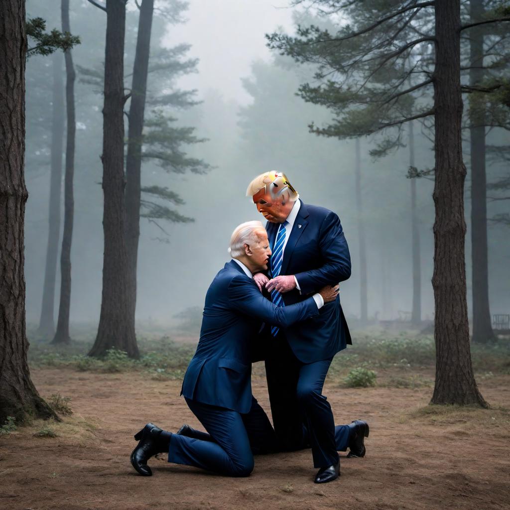  An image of Joe Biden kneeling down while Donald Trump is hugging him in a friendly manner. hyperrealistic, full body, detailed clothing, highly detailed, cinematic lighting, stunningly beautiful, intricate, sharp focus, f/1. 8, 85mm, (centered image composition), (professionally color graded), ((bright soft diffused light)), volumetric fog, trending on instagram, trending on tumblr, HDR 4K, 8K