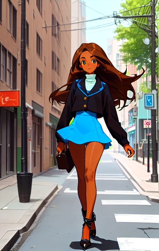  African American walking down the street looking at the camera from the front with long brown hair wearing a blue miniskirt with black heels