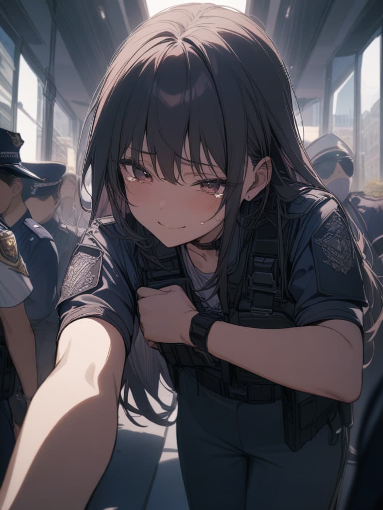  Pistols, crying, police officers, polyps, guns, crying, smiling, shooting, emo, long hair, masterpiece, best quality,8k,ultra detailed,high resolution,an extremely delicate and beautiful,hyper detail