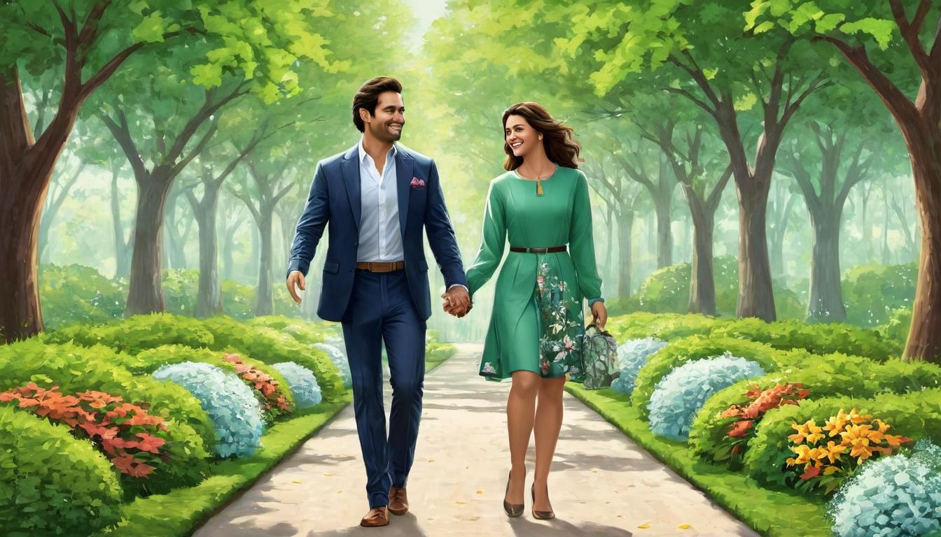  digital illustration, 1man, 1woman, holding hands, man is leading woman forward, park setting with green trees and flowers, both dressed stylishly, man looking determined, woman smiling, mutual respect, moving forward, looking at viewer, dynamic pose, (intricate details, masterpiece, best quality)