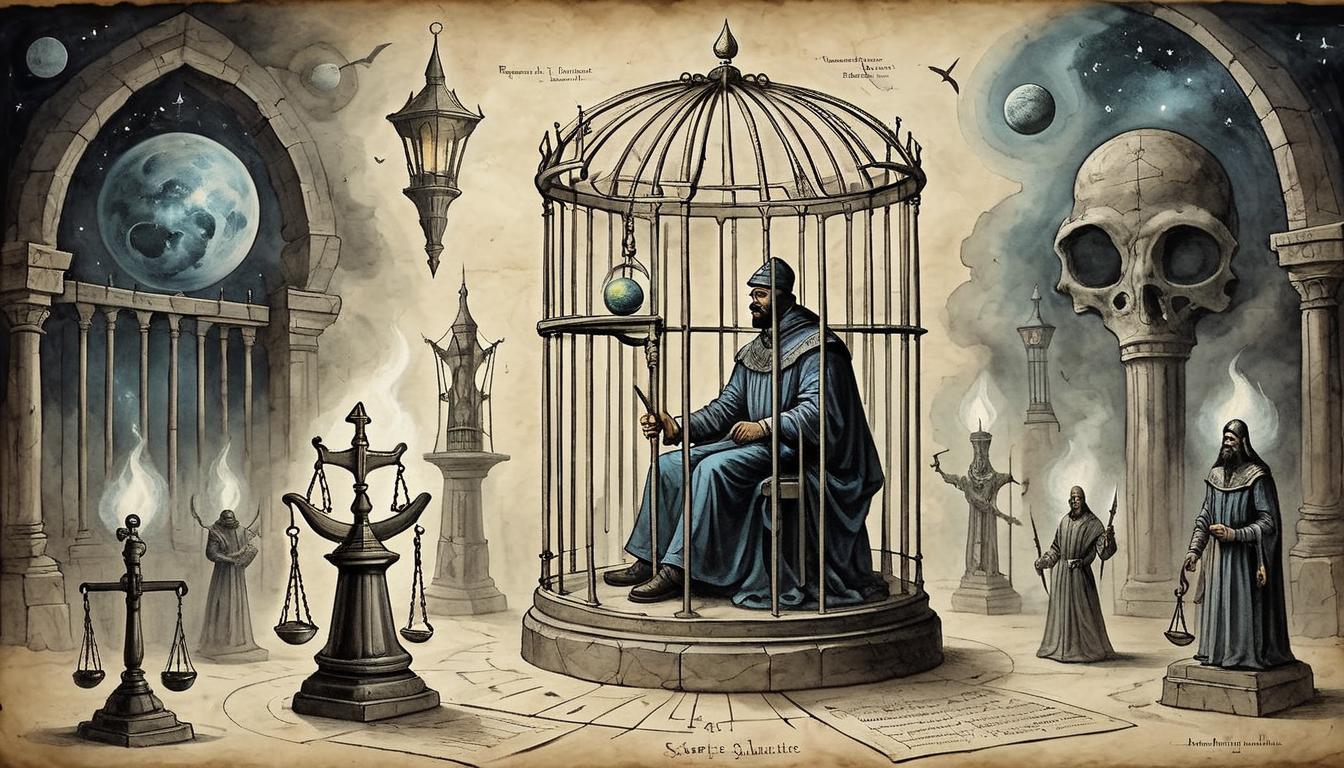  on parchment, surrealism+++, Scales of cosmic justice balancing, figures behind bars made of dark energy, accountability, divine retribution(mysterious, provocative, symbolic,muted color)+++