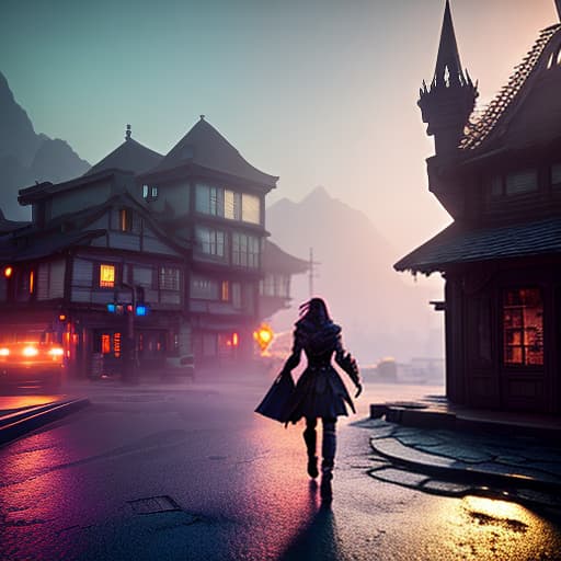 nvinkpunk /imagine prompt: 3D, personality: illustrated scene of a small village with happy and loving residents going about their daily activities. Princess Amara can be seen walking gracefully through the village, radiating beauty and kindness unreal engine, hyper real --q 2 --v 5.2 --ar 16:9 /imagine prompt: 3D, personality: dramatic scene where the dreadful demon appears in the village, casting an evil spell and causing chaos. Princess Amara is shown being taken away by the demon, with the villagers looking on in fear and concern unreal engine, hyper real --q 2 --v 5.2 --ar 16:9 hyperrealistic, full body, detailed clothing, highly detailed, cinematic lighting, stunningly beautiful, intricate, sharp focus, f/1. 8, 85mm, (centered image composition), (professionally color graded), ((bright soft diffused light)), volumetric fog, trending on instagram, trending on tumblr, HDR 4K, 8K