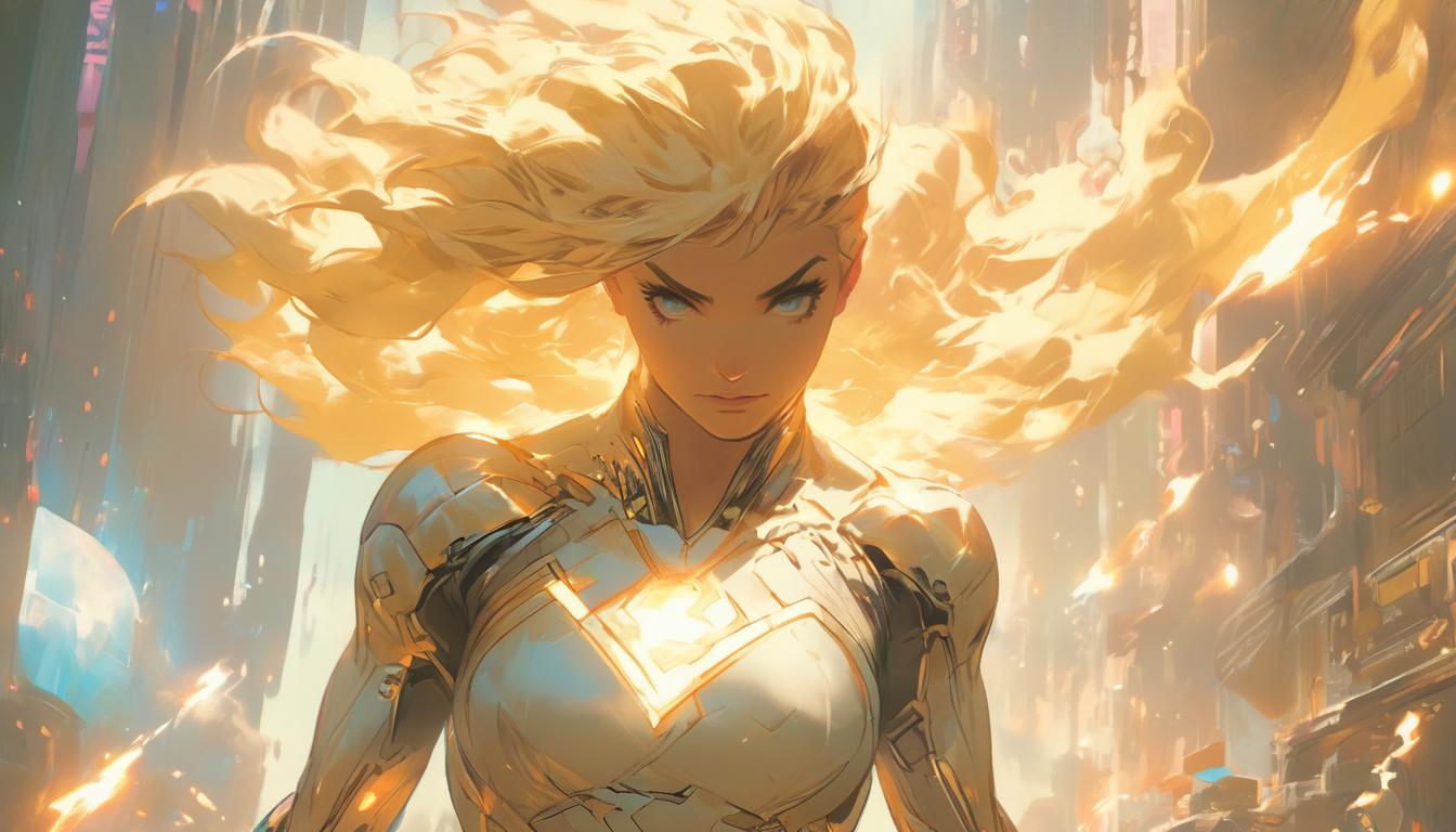  hyperrealism,fantasy aesthetic1woman, large busted attractive blonde arian female humanoid, walking confidently, celestial pathway, grace, determination, illuminated journey, high tech clothing clad in sleek, futuristic costume with metallic accents and form fitting designs, marvel superhero comics style, unreal engine rendering