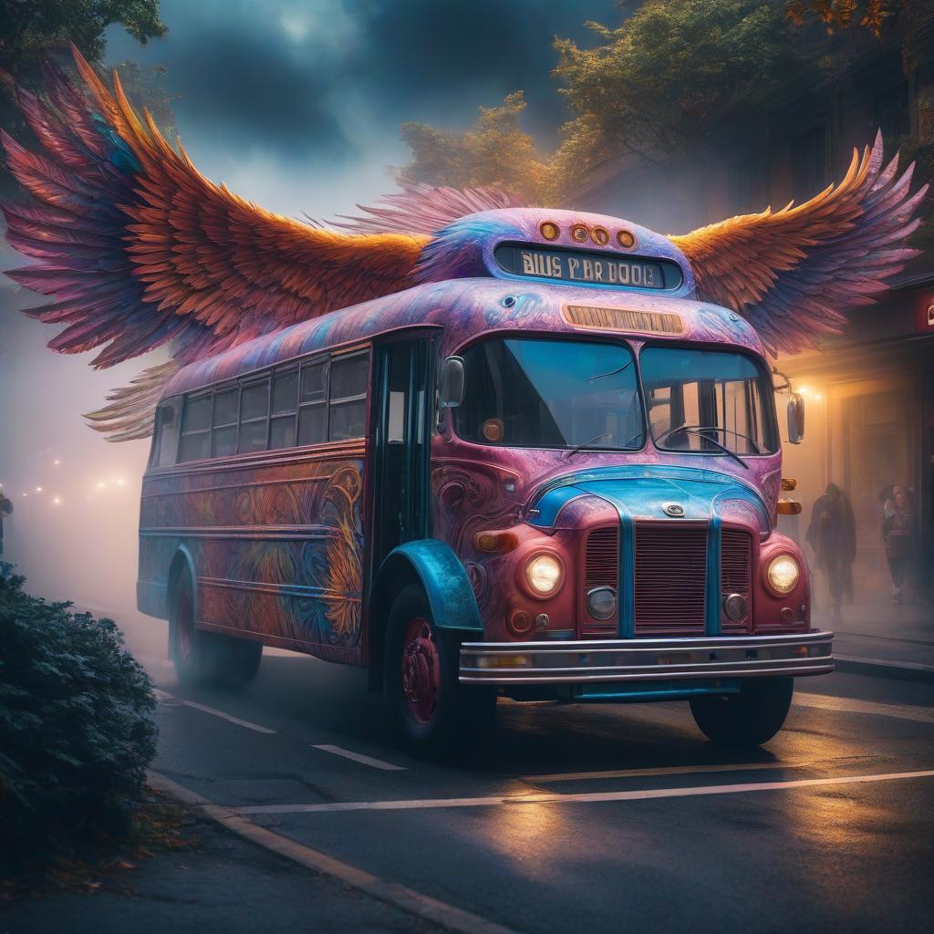  psychedelically painted bus with wings hyperrealistic, full body, detailed clothing, highly detailed, cinematic lighting, stunningly beautiful, intricate, sharp focus, f/1. 8, 85mm, (centered image composition), (professionally color graded), ((bright soft diffused light)), volumetric fog, trending on instagram, trending on tumblr, HDR 4K, 8K