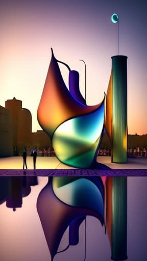  (colorfulsurrealismai)++, modern city plaza, glass, chrome, water features, abstract sculptures, golden hour,