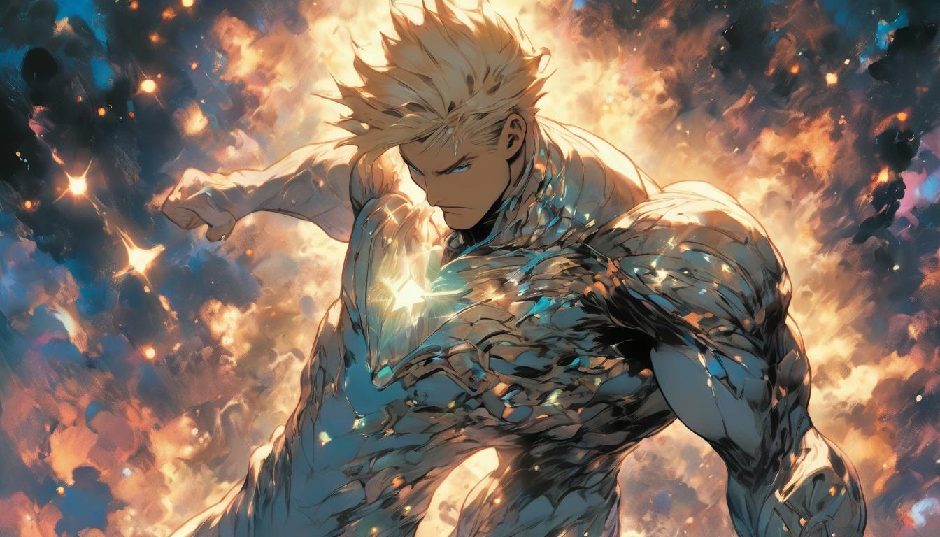  hyperrealism,fantasy aesthetic1man, attractive blond arian humanoid male, holding a cosmic map, stars and galaxies behind, high tech clothing clad in sleek, futuristic costume with metallic accents and form fitting designs, marvel superhero comics style, unreal engine rendering