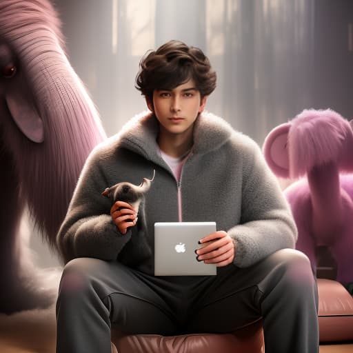  A dark haired boy holds a cute, fluffy grey cat in his hands, sits at a computer, and a giant pink and purple mammoth is sitting next to him. hyperrealistic, full body, detailed clothing, highly detailed, cinematic lighting, stunningly beautiful, intricate, sharp focus, f/1. 8, 85mm, (centered image composition), (professionally color graded), ((bright soft diffused light)), volumetric fog, trending on instagram, trending on tumblr, HDR 4K, 8K