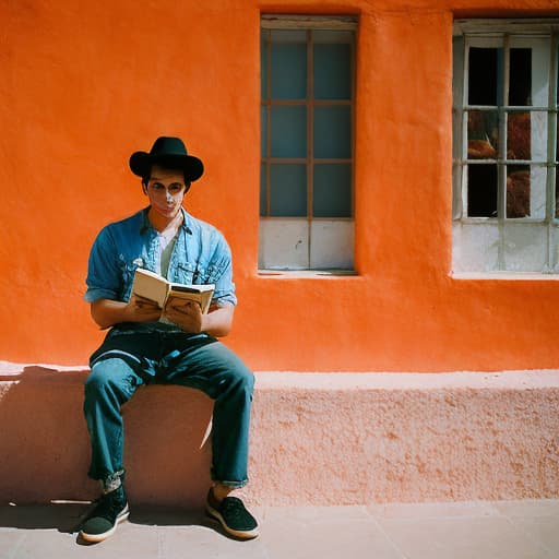 analog style A 22-year-old attractive man studying Spanish sits in a modern, attractive Mexican interior with a book or tablet in Spanish. He is dressed in stylish clothes that emphasize his maturity. In the background, bright Mexican elements such as paintings or decor , highlighting the culture Wear a hat And make a beautiful face This should be a book in Spanish Make beautiful lips