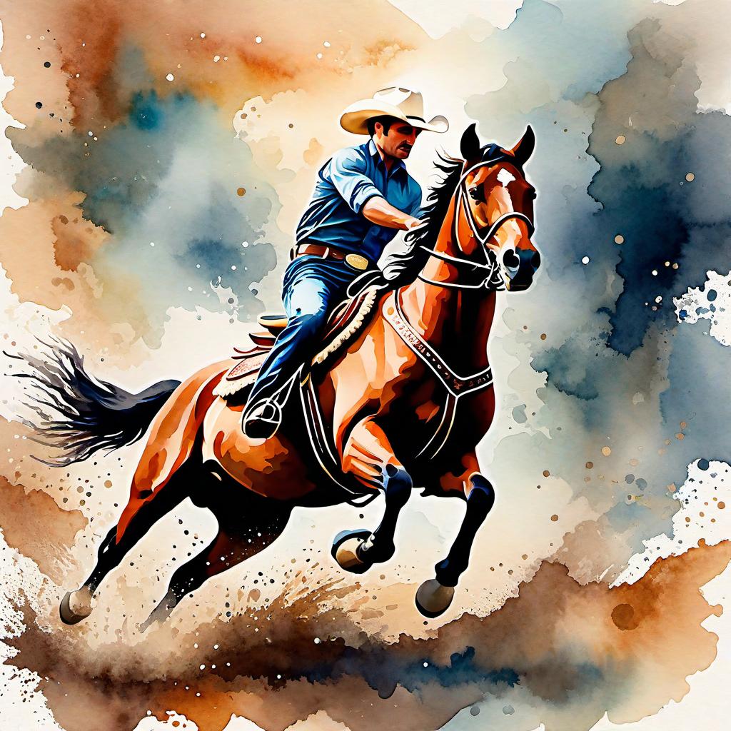  Create a watercolor painting of a man ridding a bucking horse at a rodeo. The background features soft, watercolor style splashes in earthy tones, giving the image an artistic and dreamy feel. Ensure the overall image has a delicate watercolor effect.