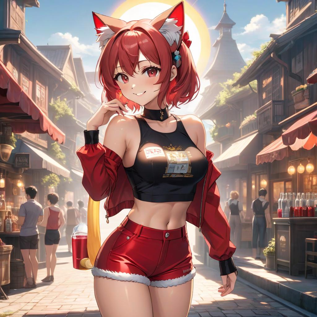  anime artwork A nine yea with a beautiful face, wearing a tight and black and red top, has a perfect body shape, large hips and s, red shorts, cat ears, smiles, has a good press, toned legs and arms, broad shoulders, and drinks water in front of the sun. . anime style, key visual, vint, studio anime, highly detailed hyperrealistic, full body, detailed clothing, highly detailed, cinematic lighting, stunningly beautiful, intricate, sharp focus, f/1. 8, 85mm, (centered image composition), (professionally color graded), ((bright soft diffused light)), volumetric fog, trending on instagram, trending on tumblr, HDR 4K, 8K