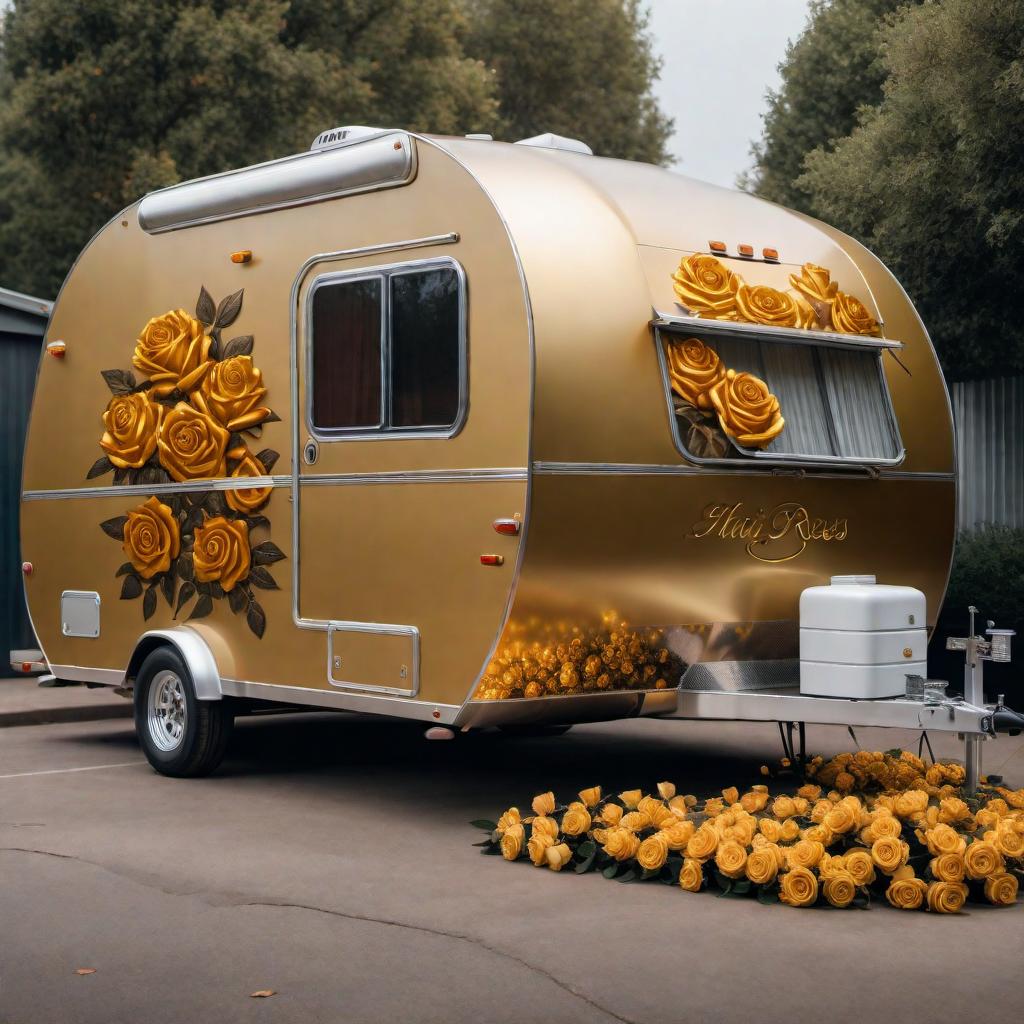  A larger travel trailer customized to be a hair shop with elegant golden roses painted on the exterior hyperrealistic, full body, detailed clothing, highly detailed, cinematic lighting, stunningly beautiful, intricate, sharp focus, f/1. 8, 85mm, (centered image composition), (professionally color graded), ((bright soft diffused light)), volumetric fog, trending on instagram, trending on tumblr, HDR 4K, 8K