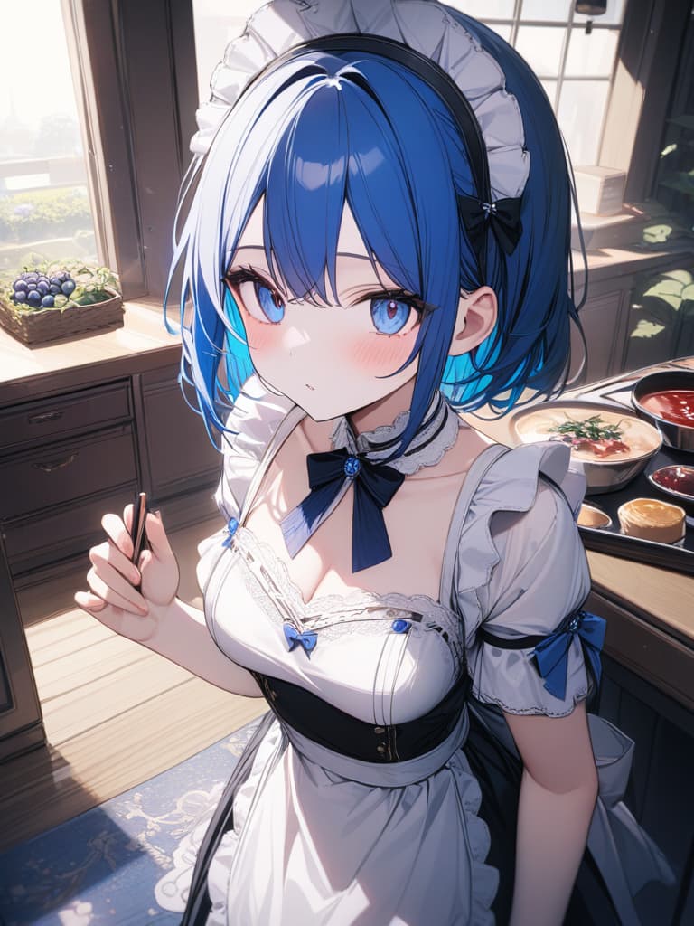  Cute, , blue hair, blue eyes, short bob, thin body, white skin, sauce, , blueberry decoration, maid clothes, masterpiece, best quality,8k,ultra detailed,high resolution,an extremely delicate and beautiful,hyper detail