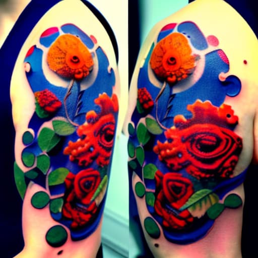 wa-vy style Arm tattoo of Various bright red orange and blue flowers growing along a vine steampunk style