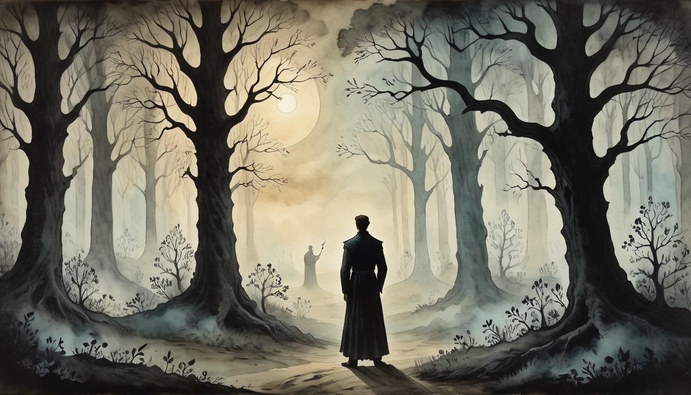  on parchment, surrealism+++, Silhouetted figure standing in a dark, quiet grove, gentle, glowing whispers depicted as ethereal winds swaying through the trees, night infused with mystery, spiritual, introspective(mysterious, provocative, symbolic,muted color)+++