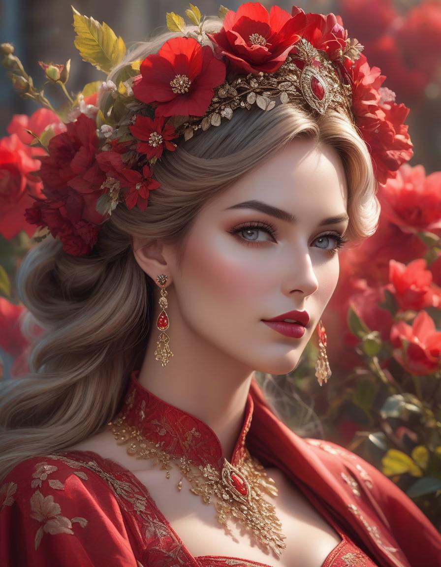  grunge style A stunning woman in a vibrant red dress adorned with delicate flowers in her hair, crowned with a regal red tiara, exuding elegance and grace inspired by Magali Villeneuve, fantasy art, karol bak uhd, artgerm, high detailed . textured, distressed, vintage, edgy, punk rock vibe, dirty, noisy hyperrealistic, full body, detailed clothing, highly detailed, cinematic lighting, stunningly beautiful, intricate, sharp focus, f/1. 8, 85mm, (centered image composition), (professionally color graded), ((bright soft diffused light)), volumetric fog, trending on instagram, trending on tumblr, HDR 4K, 8K