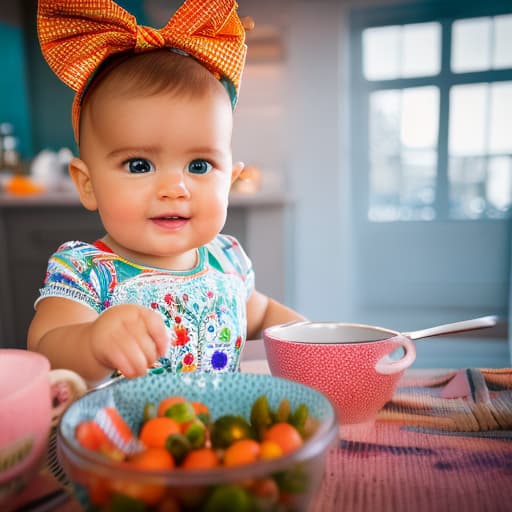 portrait+ style Beautiful picture of a child in the kitchen. hyperrealistic, full body, detailed clothing, highly detailed, cinematic lighting, stunningly beautiful, intricate, sharp focus, f/1. 8, 85mm, (centered image composition), (professionally color graded), ((bright soft diffused light)), volumetric fog, trending on instagram, trending on tumblr, HDR 4K, 8K