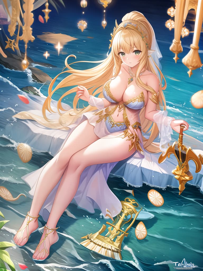  award winning, professional, highly detailed, breathtaking sea nymph, lyre stringed harp, instrument, sitting, rock, ocean spray, lightning, storm, ocean storm, driftwood, toga, angelic, sea front view, , , photorealistic, raw photo, (1girl, looking at viewer), long hair, blond, oasis, barefoot, eyeshadow, witch, maiden, songstress, fins, translucent white toga, bikini, intricate dress, delicate wood filigree, intricate filigree, pearl metalic parts, detailed part, dynamic pose, detailed background, dynamic lighting,(textured skin:1.3)