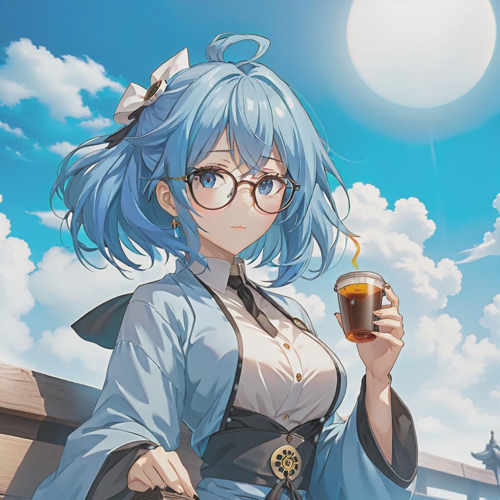  minimalist style anime girl. with one cup of tea, portrait mode, in blue colors, with round glasses, blue hair, casual style, carre hairstyle, blue sky on background, . simple, clean, uncluttered, modern, elegant hyperrealistic, full body, detailed clothing, highly detailed, cinematic lighting, stunningly beautiful, intricate, sharp focus, f/1. 8, 85mm, (centered image composition), (professionally color graded), ((bright soft diffused light)), volumetric fog, trending on instagram, trending on tumblr, HDR 4K, 8K