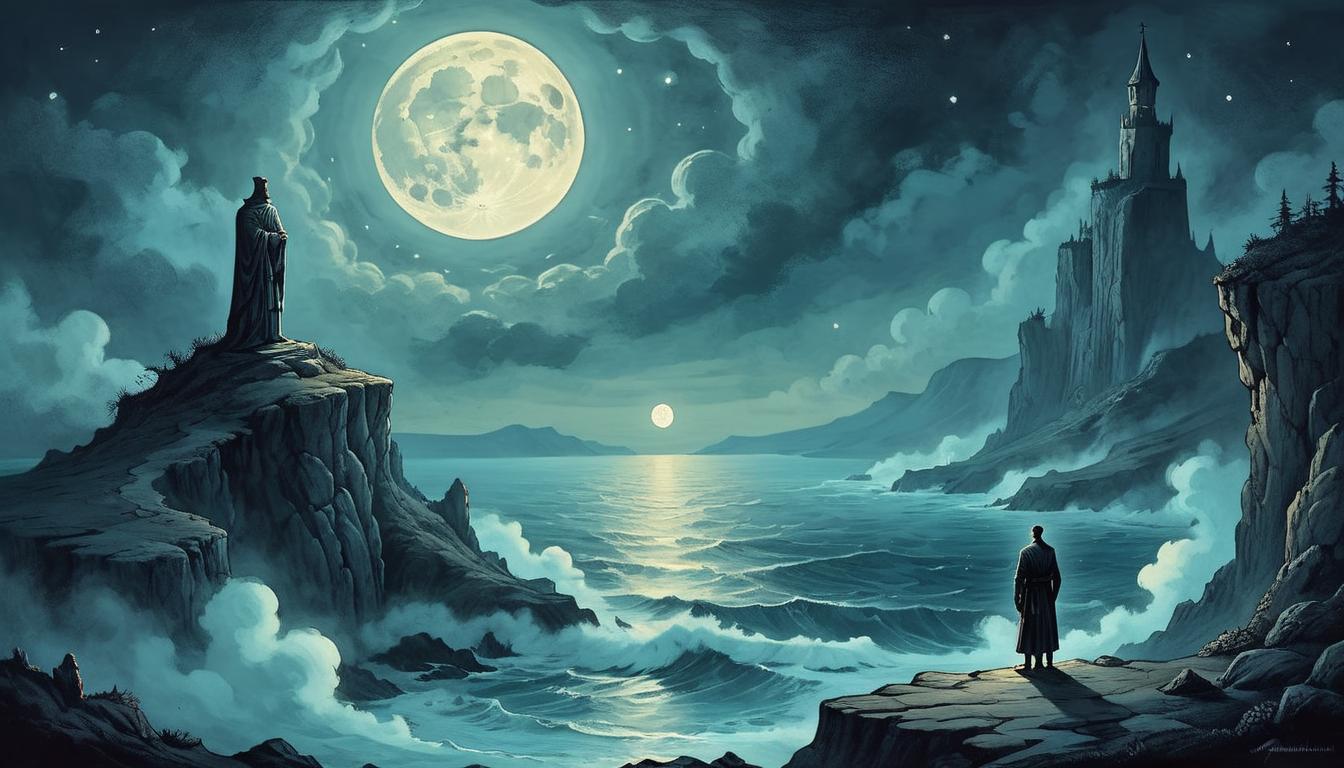  on parchment, surrealism+++, A glowing figure standing apart on a cliff edge, looking out over a vast moonlit ocean, luminous, solitary vigil, guarding light(mysterious, provocative, symbolic,muted color)+++