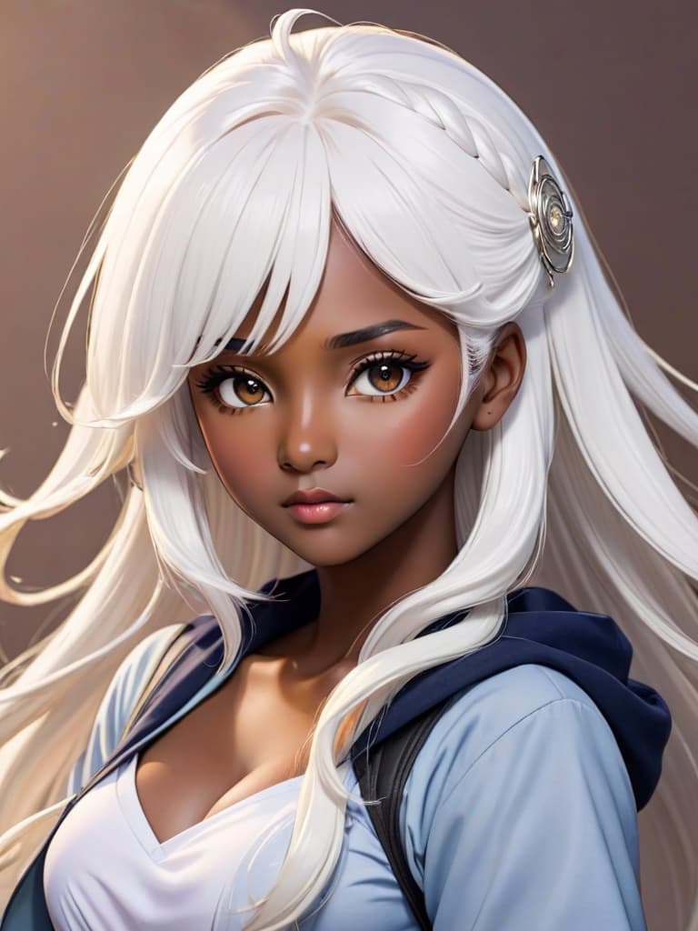  make a strong dark skinned with white hair anime girl