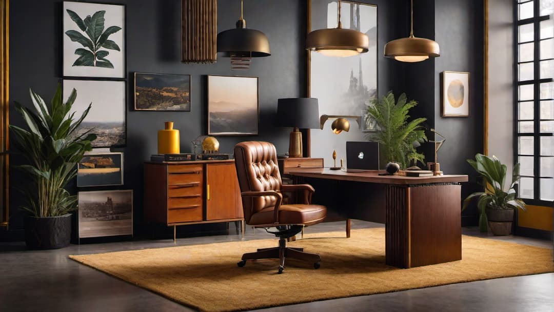  Generate an image of a retro office space with stylish furniture and decor inspired by the past. Include vintage office desk, mid century modern chair, old school rotary phone, typewriter, and retro wall art. additional guidelines The color scheme should feature earth tones and mustard yellow. Include a shaggy rug and a lava lamp to complete the retro look. hyperrealistic, full body, detailed clothing, highly detailed, cinematic lighting, stunningly beautiful, intricate, sharp focus, f/1. 8, 85mm, (centered image composition), (professionally color graded), ((bright soft diffused light)), volumetric fog, trending on instagram, trending on tumblr, HDR 4K, 8K