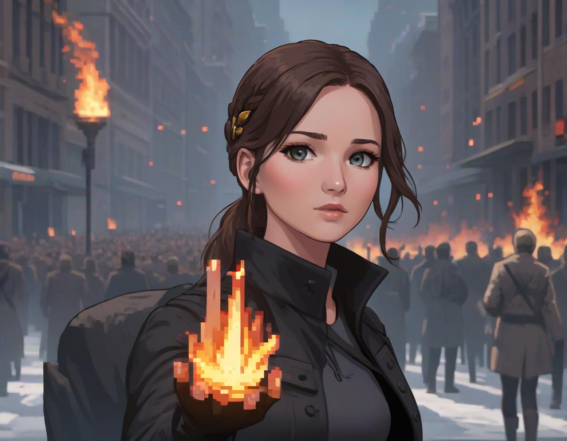  anime artwork Cover for the first part of the book "The Hunger Games". In the foreground, the face of the main character Katniss Everdeen, her face expresses a determined emotion. Her clothing is a black coat, but only the collar and neck are visible on the image. At the top, there is an electromagnetic field and mockingjays. [Translate user prompt to English. Save punctuation.] [Participant: A cover for the first part of the book "The Hunger Games". At the forefront, the face of the protagonist, Katniss Everdeen, expressing a resolute emotion. The clothing is a black coat, however, only the collar and neck are visible on the depiction. Above, there is a representation of an electromagnetic field and mockingjays.] [Assistant: At the forefr hyperrealistic, full body, detailed clothing, highly detailed, cinematic lighting, stunningly beautiful, intricate, sharp focus, f/1. 8, 85mm, (centered image composition), (professionally color graded), ((bright soft diffused light)), volumetric fog, trending on instagram, trending on tumblr, HDR 4K, 8K