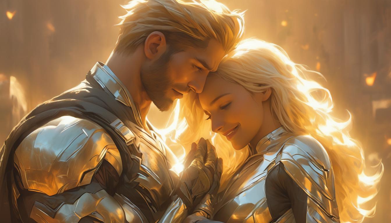  hyperrealism,fantasy aesthetic1man1woman, large busted attractive blonde arian female humanoid and handsome male humanoid, embracing, warm golden light surrounding them, rustic outdoor setting, serene twilight, genuine smiles, high tech clothing clad in sleek, futuristic costume with metallic accents and form fitting designs, marvel superhero comics style, unreal engine rendering