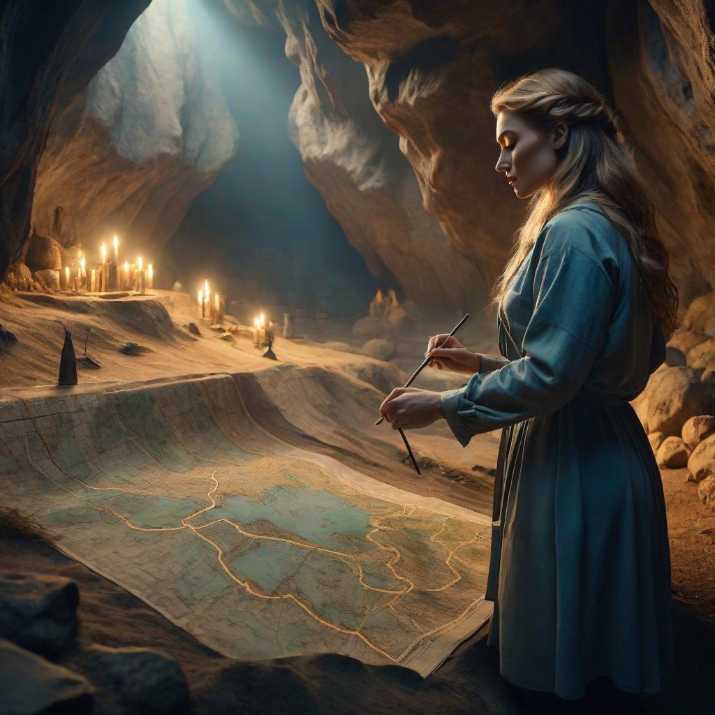  A woman draws a full length map of caves hyperrealistic, full body, detailed clothing, highly detailed, cinematic lighting, stunningly beautiful, intricate, sharp focus, f/1. 8, 85mm, (centered image composition), (professionally color graded), ((bright soft diffused light)), volumetric fog, trending on instagram, trending on tumblr, HDR 4K, 8K