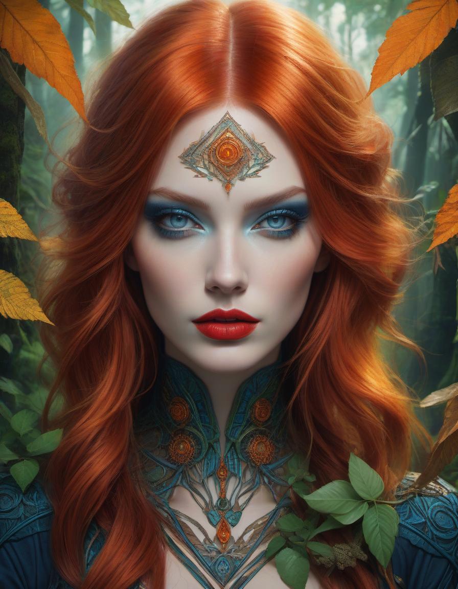  concept art A stunning digital painting of a mysterious forest woman with red hair, blue green eyes, and orange lips. The artwork features intricate details, geometric patterns, and a surreal, photorealistic style. Created with a Nikon D850, it showcases amazing depth and fine borders, earning awards for its fantasy and ethereal qualities mysterious silhouette forest woman,red hair, blue green eyes, orange lips by Minjae Lee, Carne Griffiths, Emily Kell, Geoffroy Thoorens, Aaron Horkey, Jordan Grimmer, Greg Rutkowski, amazing depth, masterwork, surreal, geometric patterns, intricately detailed, bokeh, perfect balanced, deep fine borders, artistic photorealism , smooth, great masterwork by head of prompt engineering . digital artwork, illust hyperrealistic, full body, detailed clothing, highly detailed, cinematic lighting, stunningly beautiful, intricate, sharp focus, f/1. 8, 85mm, (centered image composition), (professionally color graded), ((bright soft diffused light)), volumetric fog, trending on instagram, trending on tumblr, HDR 4K, 8K