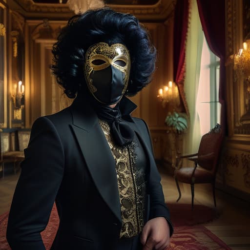  RAW photo, portrait, posing (1man:1.2), exquisite black clothes, (full face mask:1.2), black wig, baroque room, MasqueradeFashion style <lora:MasqueradeFashion:0.7>, 8k uhd, dslr, soft lighting, high quality, film grain, Fujifilm XT3, (intricate details:0.9), (hdr, hyperdetailed:1.2)