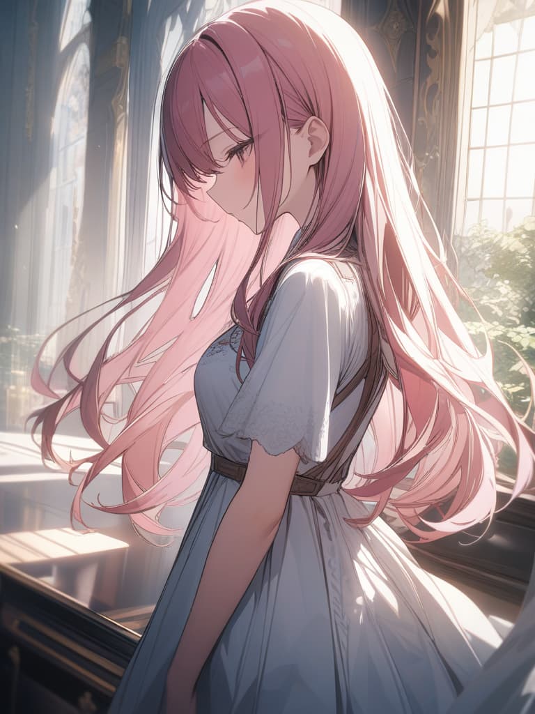  Pink hair, green, long hair, white dress, masterpiece, best quality,8k,ultra detailed,high resolution,an extremely delicate and beautiful,hyper detail