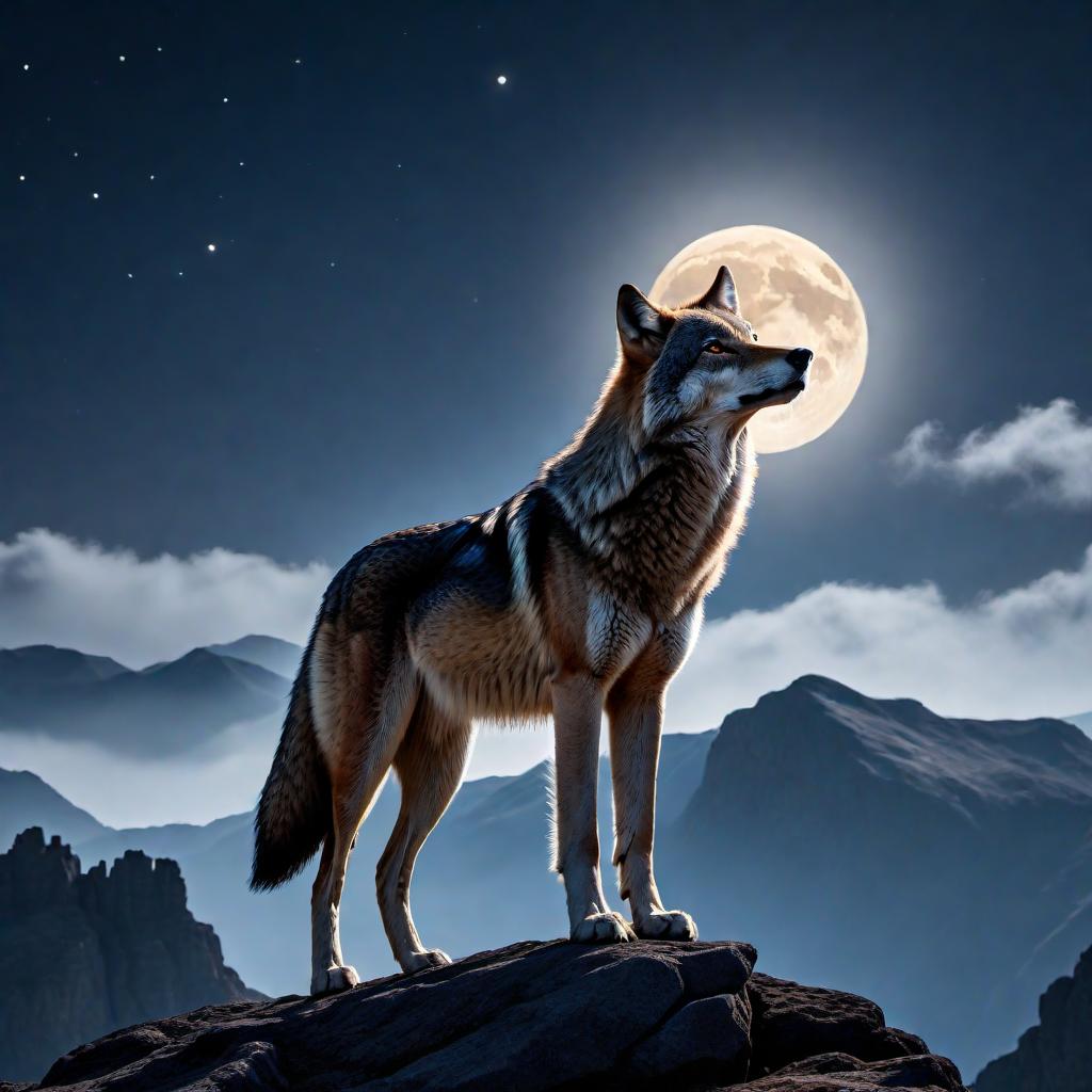  A majestic wolf standing on a rocky mountain peak, silhouetted against the full moon in the night sky, howling loudly. The wolf is sleek and powerful, with intense eyes and a wild demeanor. The moon is large and glowing, casting a soft light over the dramatic landscape. hyperrealistic, full body, detailed clothing, highly detailed, cinematic lighting, stunningly beautiful, intricate, sharp focus, f/1. 8, 85mm, (centered image composition), (professionally color graded), ((bright soft diffused light)), volumetric fog, trending on instagram, trending on tumblr, HDR 4K, 8K