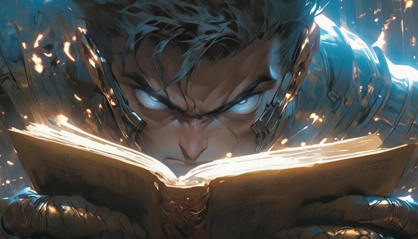  hyperrealism,fantasy aestheticA close up of eyes scanning a book's pages, text in focus, background blurred, intense concentration, intellectual hunger, quest for knowledge, high tech clothing clad in sleek, futuristic costume with metallic accents and form fitting designs, marvel superhero comics style, unreal engine rendering