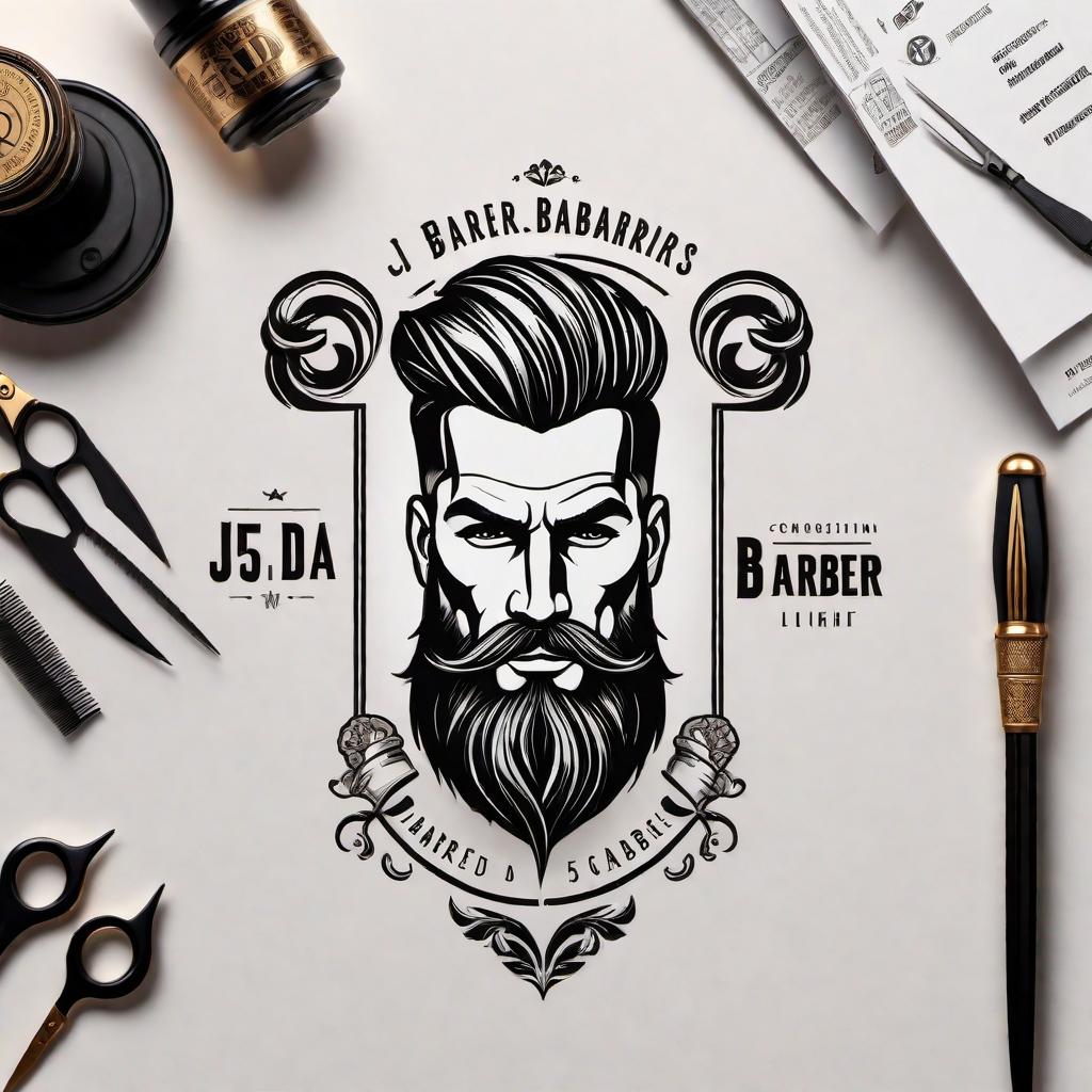  A modern and sleek logo for the name 'J5 Da Barber'. The design should incorporate elements that reflect professionalism and the barber industry, such as scissors, a razor, or a barber pole. Use a stylish font for the text, and a color scheme that includes black, white, and perhaps a metallic accent for a polished look. hyperrealistic, full body, detailed clothing, highly detailed, cinematic lighting, stunningly beautiful, intricate, sharp focus, f/1. 8, 85mm, (centered image composition), (professionally color graded), ((bright soft diffused light)), volumetric fog, trending on instagram, trending on tumblr, HDR 4K, 8K