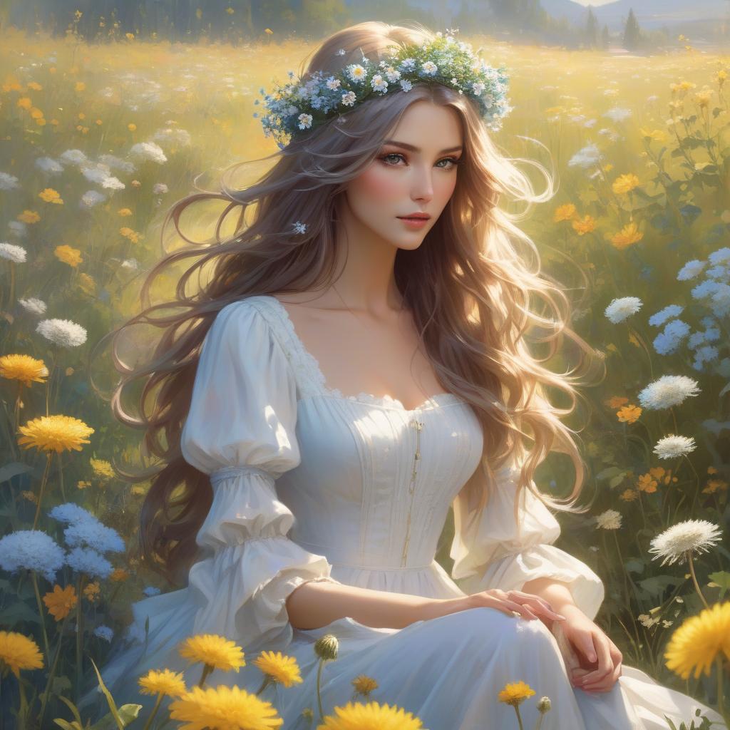  grunge style A with a floral crown and flowing hair is amidst a bright field of flowers, sunlight dappling through, creating a serene, magical atmosphere In the style of Daniel F Gerhartz and Morgan Weistling. A young with long, wavy hair adorned with small blue and white flowers blowing on a dandelion in a meadow filled with dandelions and other small flowers. She wears a white dress with puffy sleeves. The scene is ed in soft, warm light, creating a dreamy, ethereal atmosphere. Started from image: . textured, distressed, vintage, edgy, punk rock vibe, dirty, noisy hyperrealistic, full body, detailed clothing, highly detailed, cinematic lighting, stunningly beautiful, intricate, sharp focus, f/1. 8, 85mm, (centered image composition), (professionally color graded), ((bright soft diffused light)), volumetric fog, trending on instagram, trending on tumblr, HDR 4K, 8K