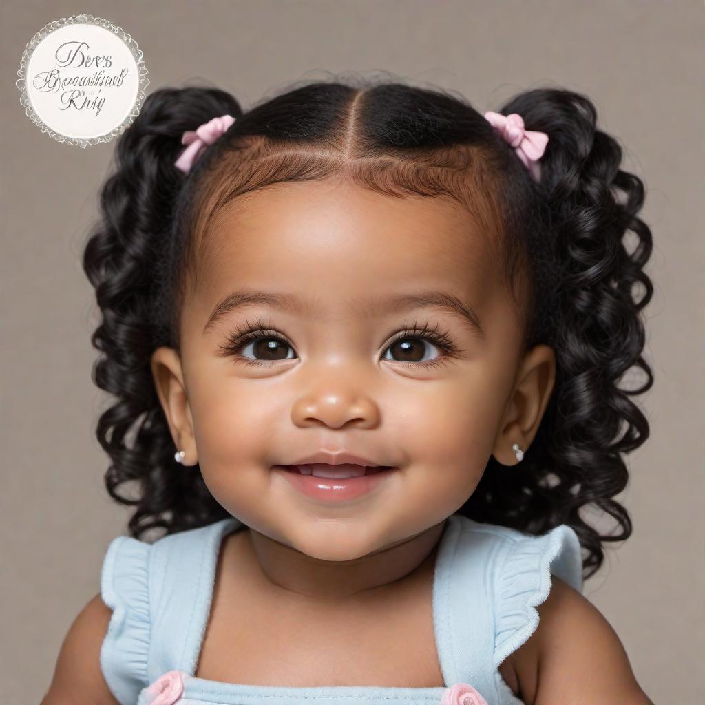  8-month-old baby girl with very curly black hair in 2 ponytails, medium skin tone (African American and Mexican descent), 22 pounds, and 30 inches tall. She has small eyes and a beautiful smile. hyperrealistic, full body, detailed clothing, highly detailed, cinematic lighting, stunningly beautiful, intricate, sharp focus, f/1. 8, 85mm, (centered image composition), (professionally color graded), ((bright soft diffused light)), volumetric fog, trending on instagram, trending on tumblr, HDR 4K, 8K