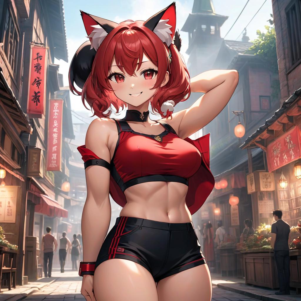  anime artwork A nine yea , beautiful face, shy, wearing a tight and black red top, perfect body shape, large hips and s, black red shorts, cat ears, smiles, raises one arm, muscular arms. . anime style, key visual, vint, studio anime, highly detailed hyperrealistic, full body, detailed clothing, highly detailed, cinematic lighting, stunningly beautiful, intricate, sharp focus, f/1. 8, 85mm, (centered image composition), (professionally color graded), ((bright soft diffused light)), volumetric fog, trending on instagram, trending on tumblr, HDR 4K, 8K