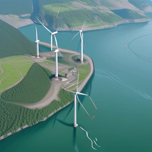  Landscape with hydropower plants and wind turbines from an areal view