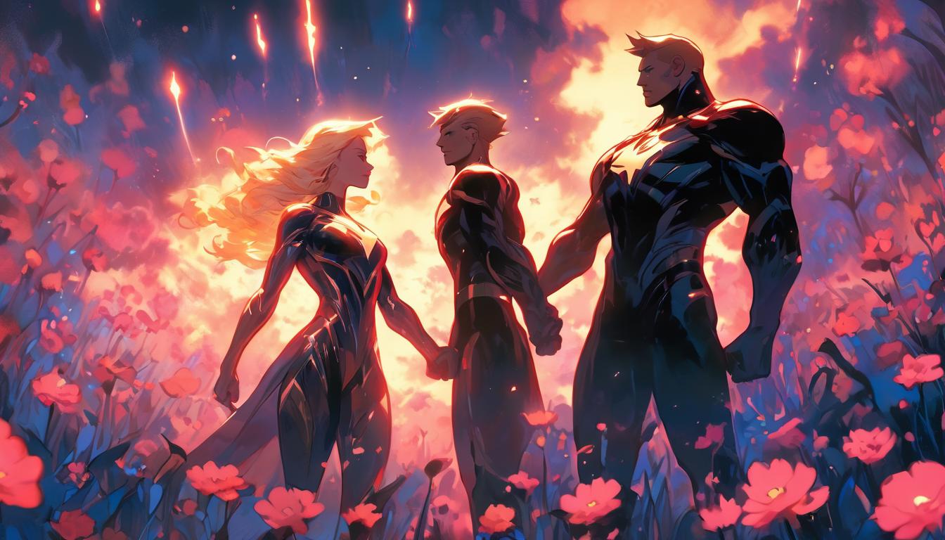  hyperrealism,fantasy aesthetic1man1woman, large busted attractive blonde arian female humanoid and handsome male humanoid, standing in a vast field of blooming flowers, serene expression, holding hands, surrounded by subtle auroras, high tech clothing clad in sleek, futuristic costume with metallic accents and form fitting designs, marvel superhero comics style, unreal engine rendering