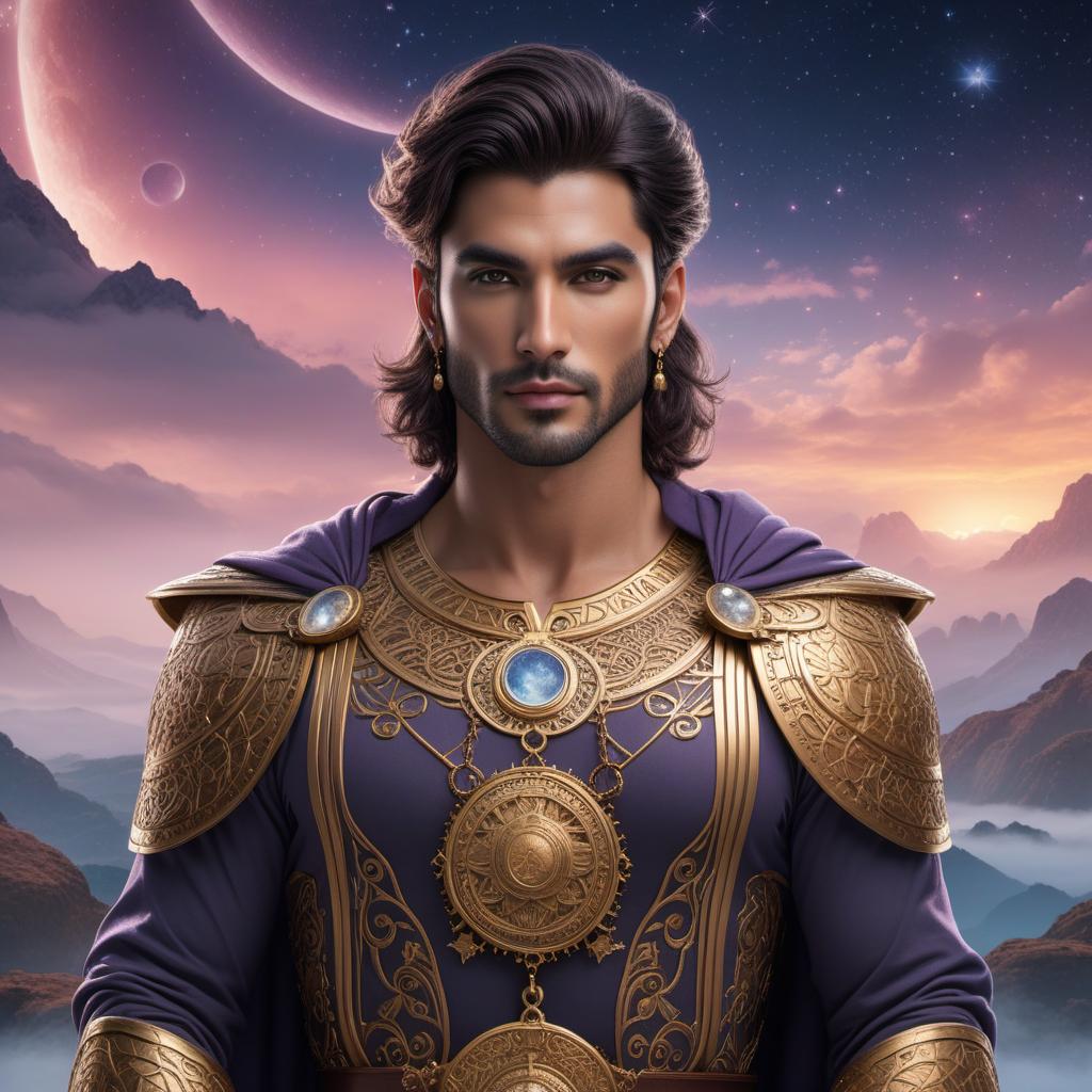  Male fantasy-style portrait representing the Libra zodiac sign with a lofi aesthetic. The character should have a balanced and harmonious look, with scales as accessories symbolizing Libra. The art should combine soft, dreamy, and relaxed lofi elements. Include celestial or cosmic background details for an enchanting atmosphere. hyperrealistic, full body, detailed clothing, highly detailed, cinematic lighting, stunningly beautiful, intricate, sharp focus, f/1. 8, 85mm, (centered image composition), (professionally color graded), ((bright soft diffused light)), volumetric fog, trending on instagram, trending on tumblr, HDR 4K, 8K