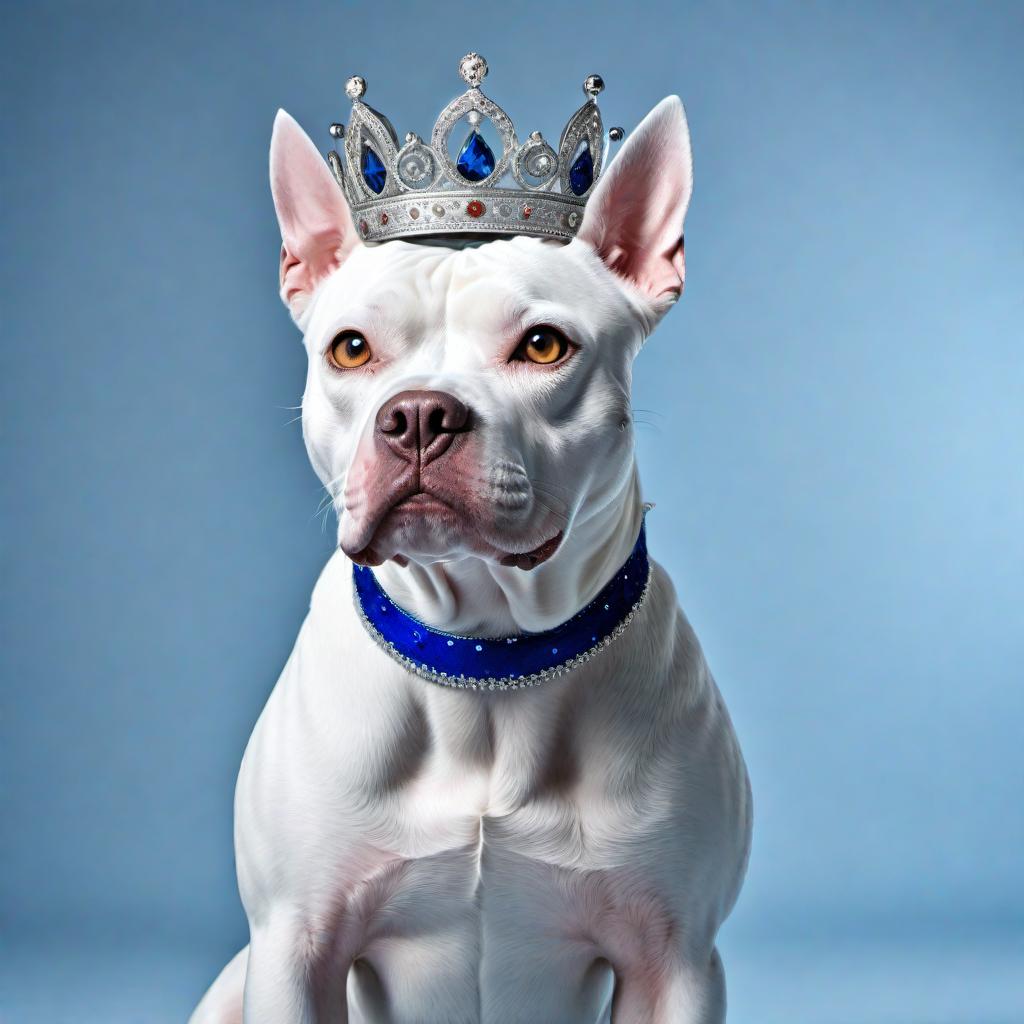  A growling white and blue pit bull wearing a princess crown, highly detailed, realistic style, with a focus on the expression of the dog and the elegance of the crown hyperrealistic, full body, detailed clothing, highly detailed, cinematic lighting, stunningly beautiful, intricate, sharp focus, f/1. 8, 85mm, (centered image composition), (professionally color graded), ((bright soft diffused light)), volumetric fog, trending on instagram, trending on tumblr, HDR 4K, 8K