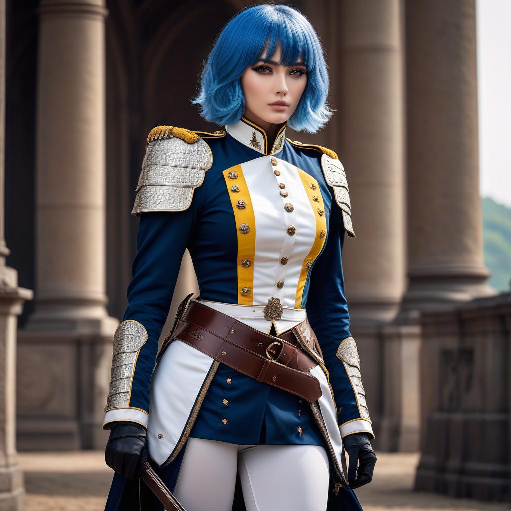  Girl, female cuirassier, ((full body)), blue hair, bob cut, bright yellow eyes, Girl, female cuirassier, ((full body)), blue hair, bob cut, bright yellow eyes, hourglass figure, fully clothed, military uniform, (19th century ceremonial uniform), (cuirass), white clothes, white cloak, ((white leggings )), riding pants, black boots, over the knee boots, thigh high boots, tight boots, belt, choker, epaulettes, awards, (epic pose), looking at viewer, looking down, evil grin, (extremely hyper detailed face), (masterpiece : 1.4), (perfect eyes: 1.1), (perfect hands), 2D, anime, extremely detailed clothes. hyperrealistic, full body, detailed clothing, highly detailed, cinematic lighting, stunningly beautiful, intricate, sharp focus, f/1. 8, 85mm, (centered image composition), (professionally color graded), ((bright soft diffused light)), volumetric fog, trending on instagram, trending on tumblr, HDR 4K, 8K